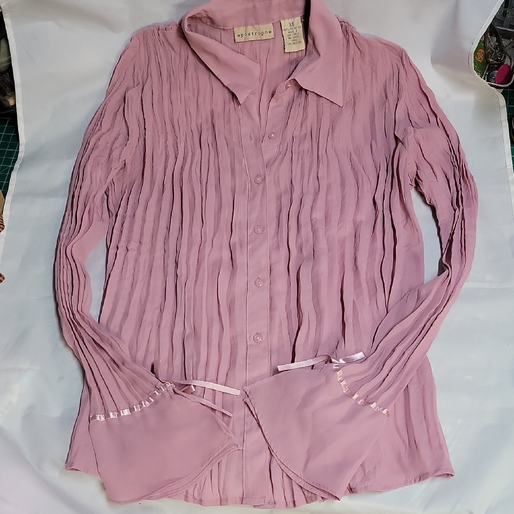 Apostrophe Mauve Pleated Polyester Button Down Shirt With Ribboned Bell Cuffs